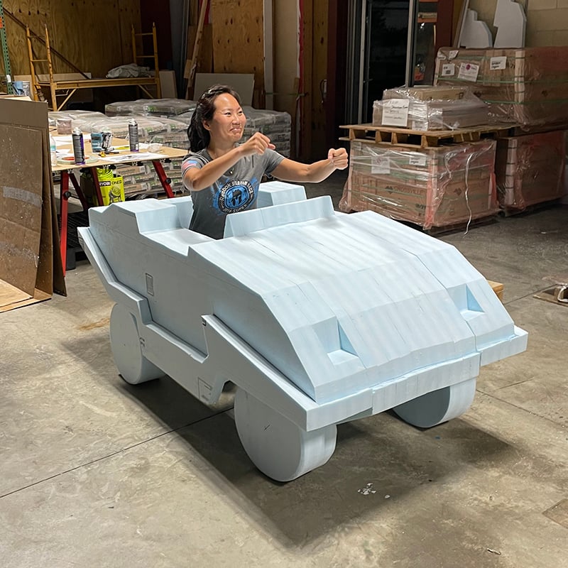 The foam structure for a Blippi Car adaptive costume for children with disabilities.